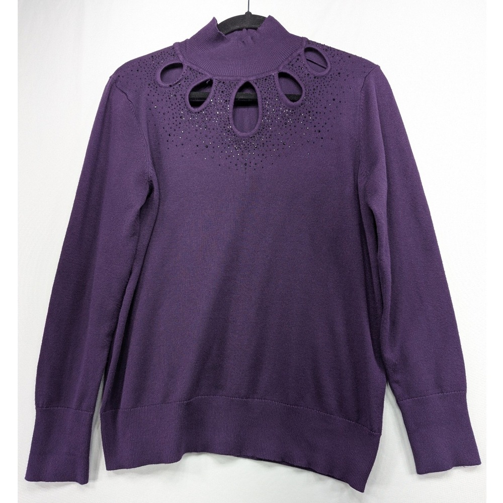 Cable & Gauge Purple Mock Neck Rhinestone Cutout Knit Sweater Womens Medium